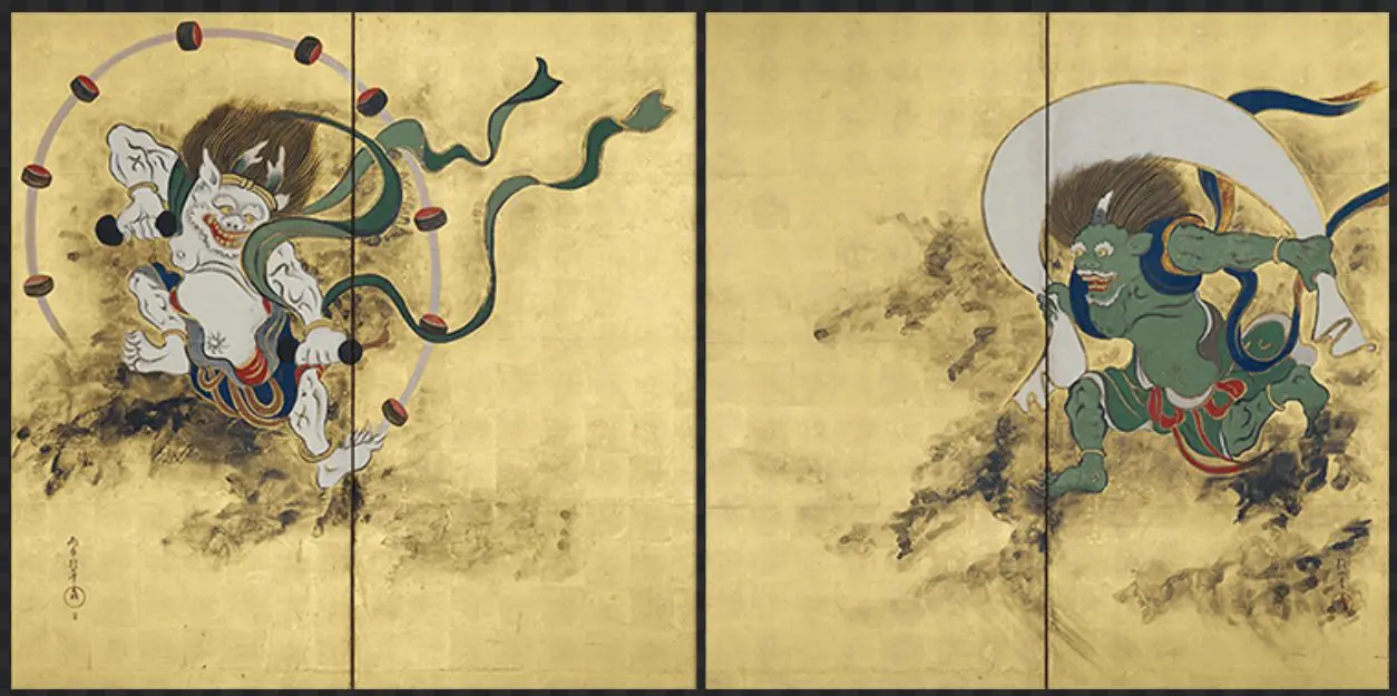 風神雷神の有名な3つの屏風絵（普通は6枚、これらは4枚の屏風