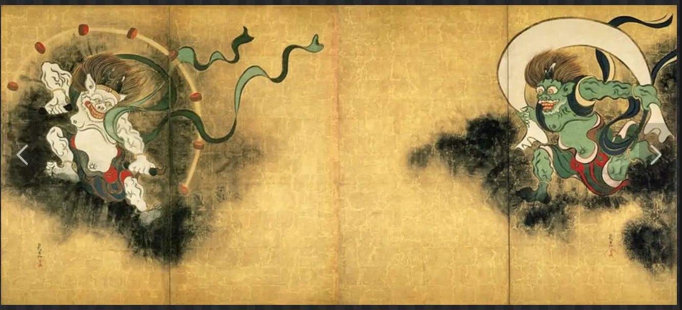 風神雷神の有名な3つの屏風絵（普通は6枚、これらは4枚の屏風